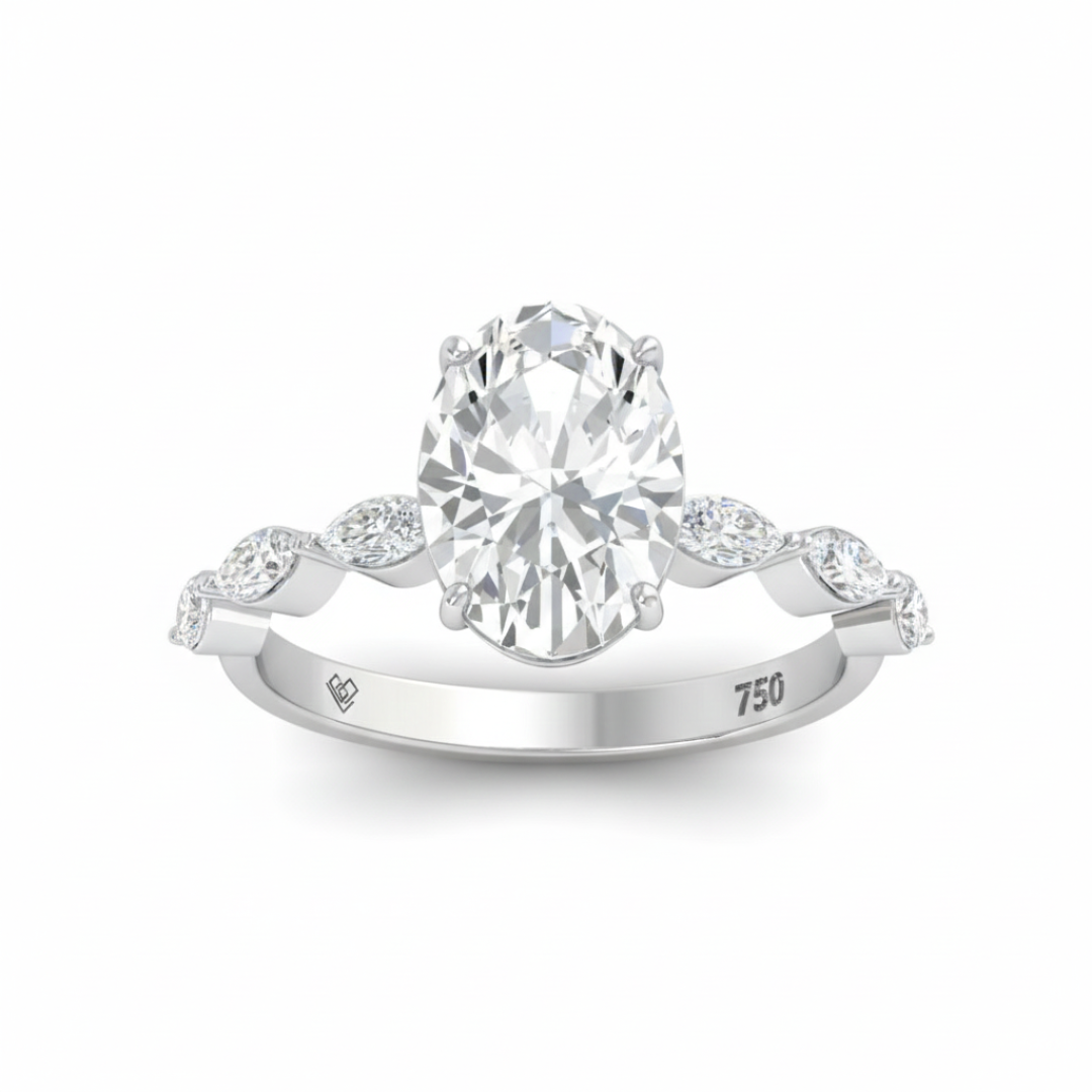 Kasandra Oval Cut Diamond Engagement Ring With A Marquise Cut Diamond Band