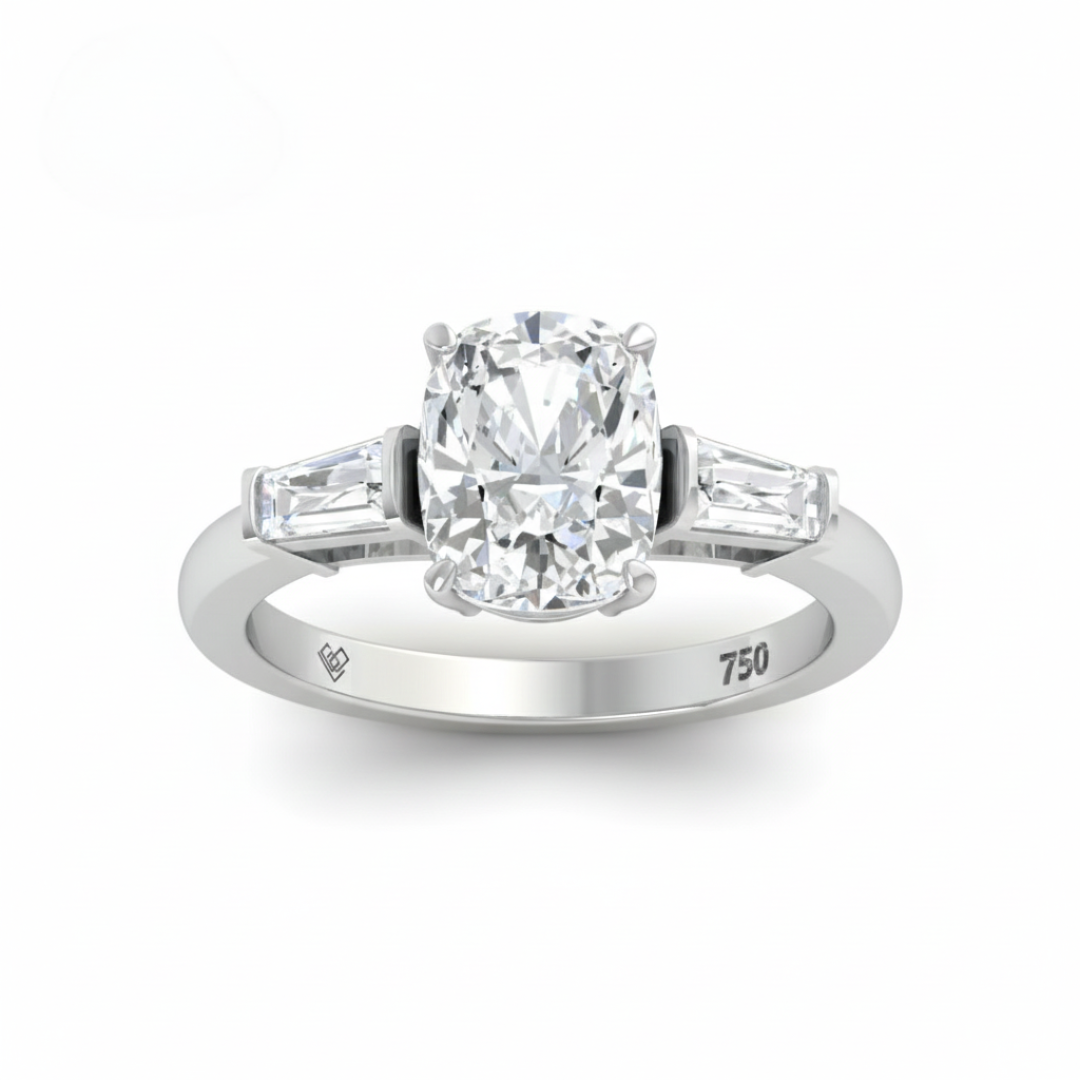 Mary Cushion Cut Diamond Engagement Ring with Tapering Baguette Cut Side Diamonds