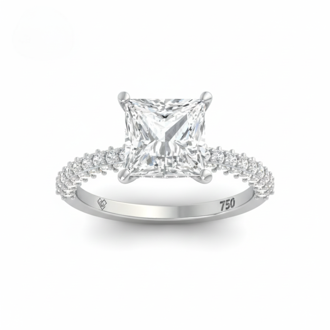 Bague de fiançailles Mia en diamant taille princesse avec halo de diamants cachés et anneau en diamant 3D