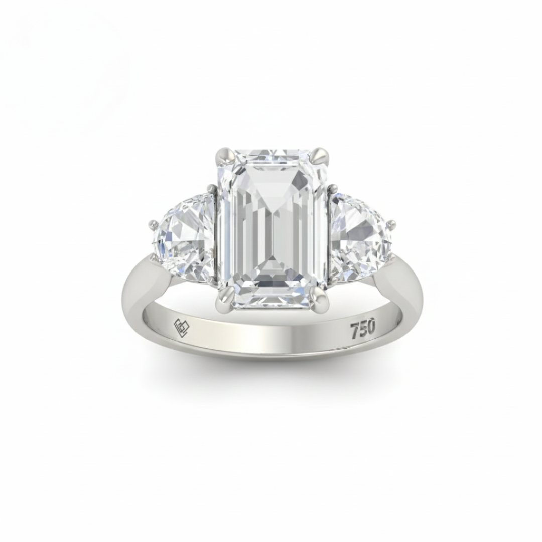 Kamala Emerald Cut Diamond Engagement Ring with Half Moon Cut Sides Diamonds