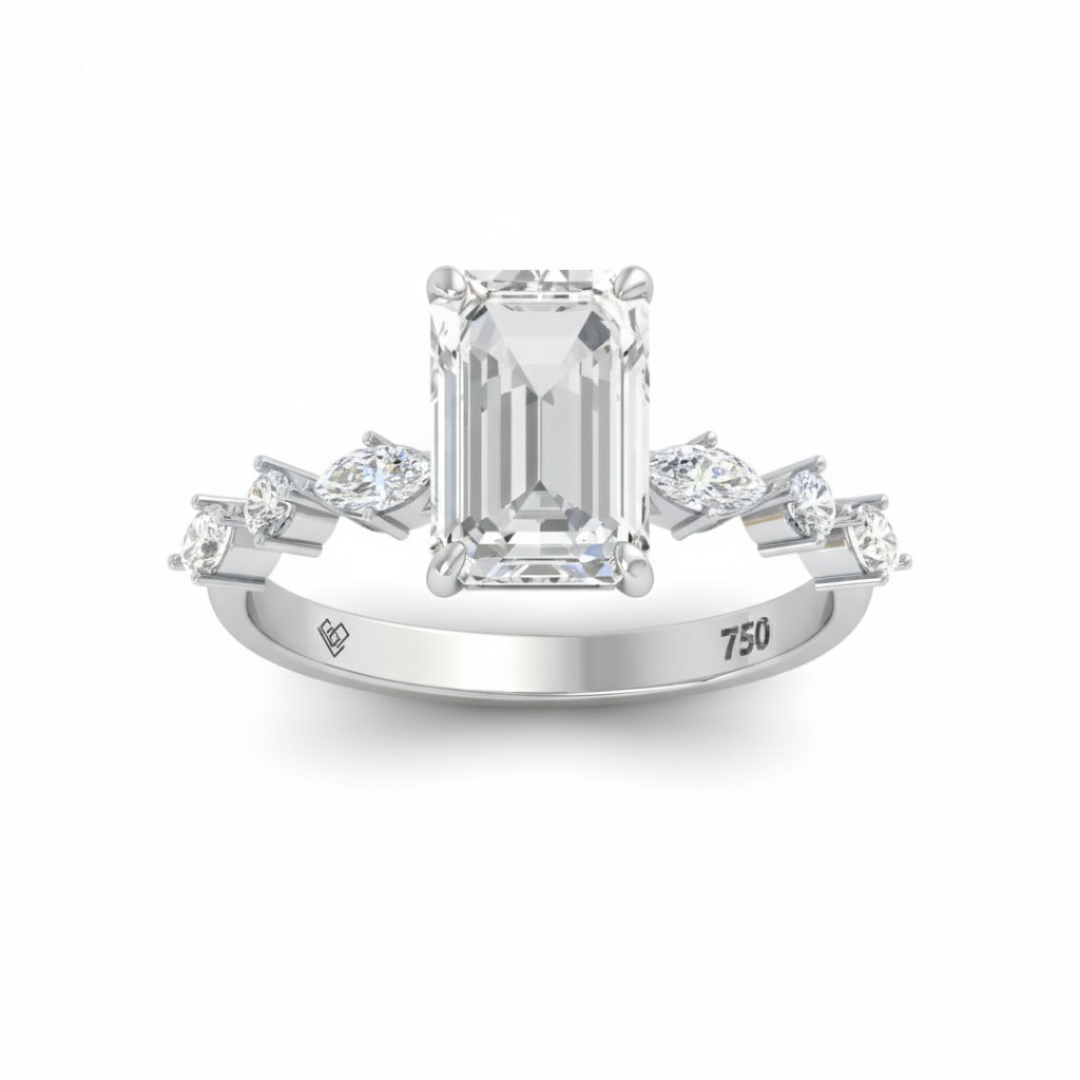 Elizabeth Emerald Cut Diamond Engagement Ring With A Marquise and Round Cut Diamond Band