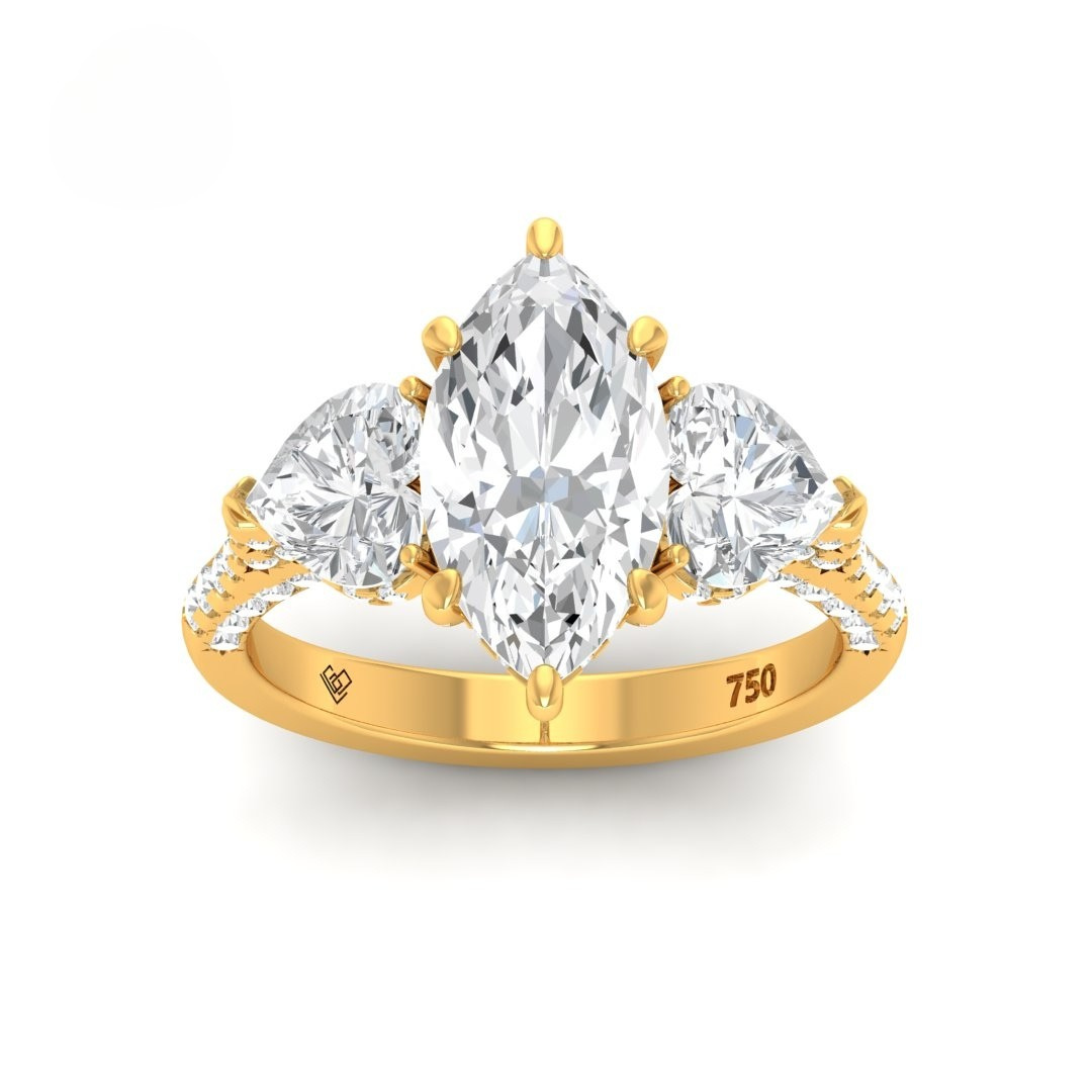 Victoria Marquise Cut Diamond Engagement Ring with Heart Cut Side Diamonds and 3D Diamond Band