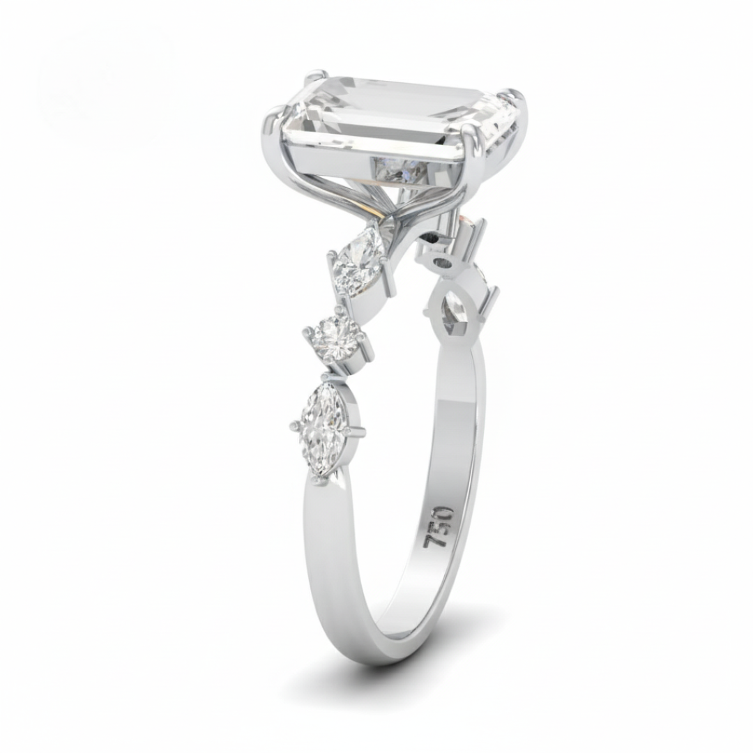 Elizabeth Emerald Cut Diamond Engagement Ring With A Marquise and Round Cut Diamond Band