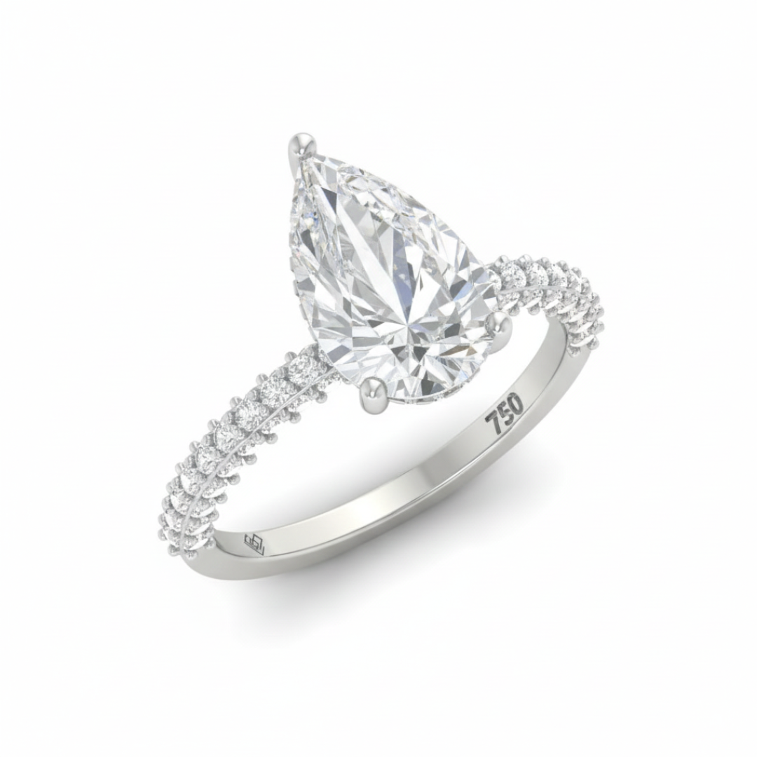 Bague de fiançailles Mia en diamant taille poire avec halo de diamants cachés et anneau en diamant 3D