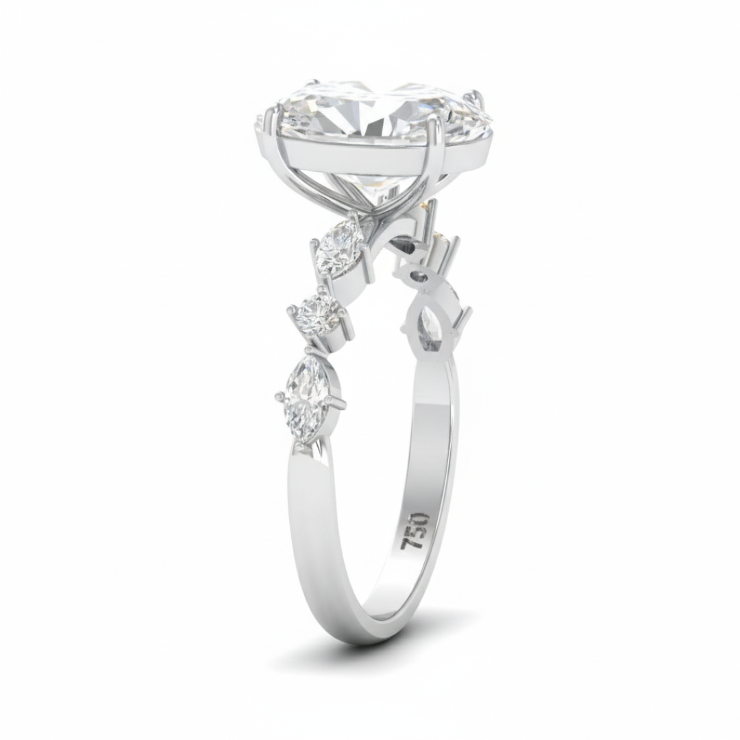 Elizabeth Oval Cut Diamond Engagement Ring With A Marquise And Round Cut Diamond Band.