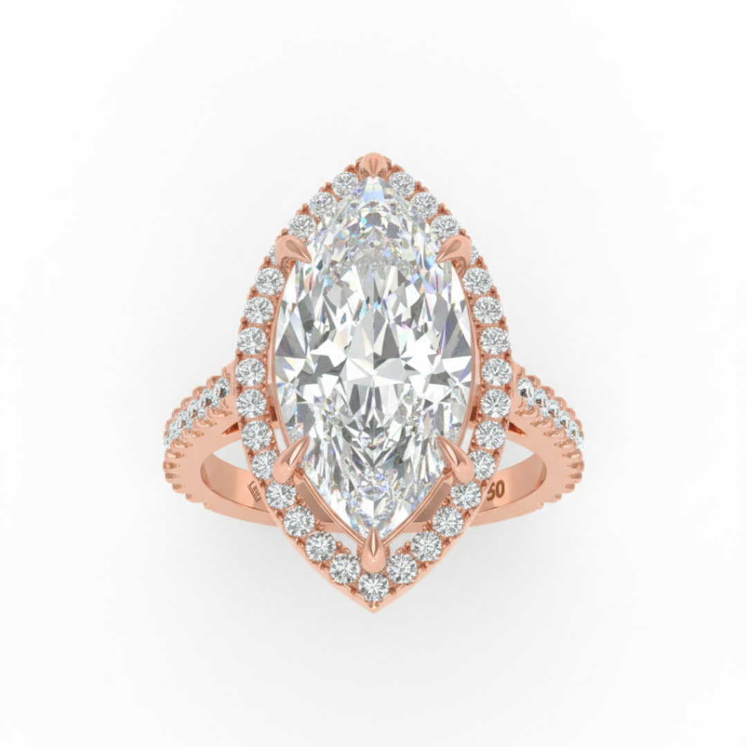Bella Marquise Cut Diamond Engagement Ring with Diamond Halo & Diamond Band