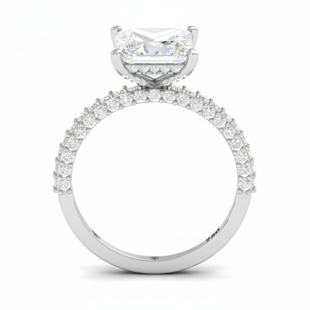 Bague de fiançailles Mia en diamant taille princesse avec halo de diamants cachés et anneau en diamant 3D
