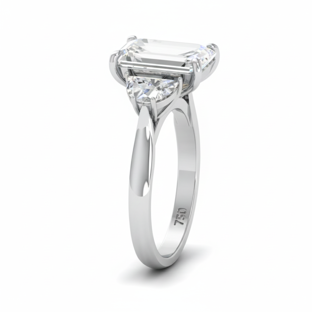 Kamala Emerald Cut Diamond Engagement Ring with Half Moon Cut Sides Diamonds