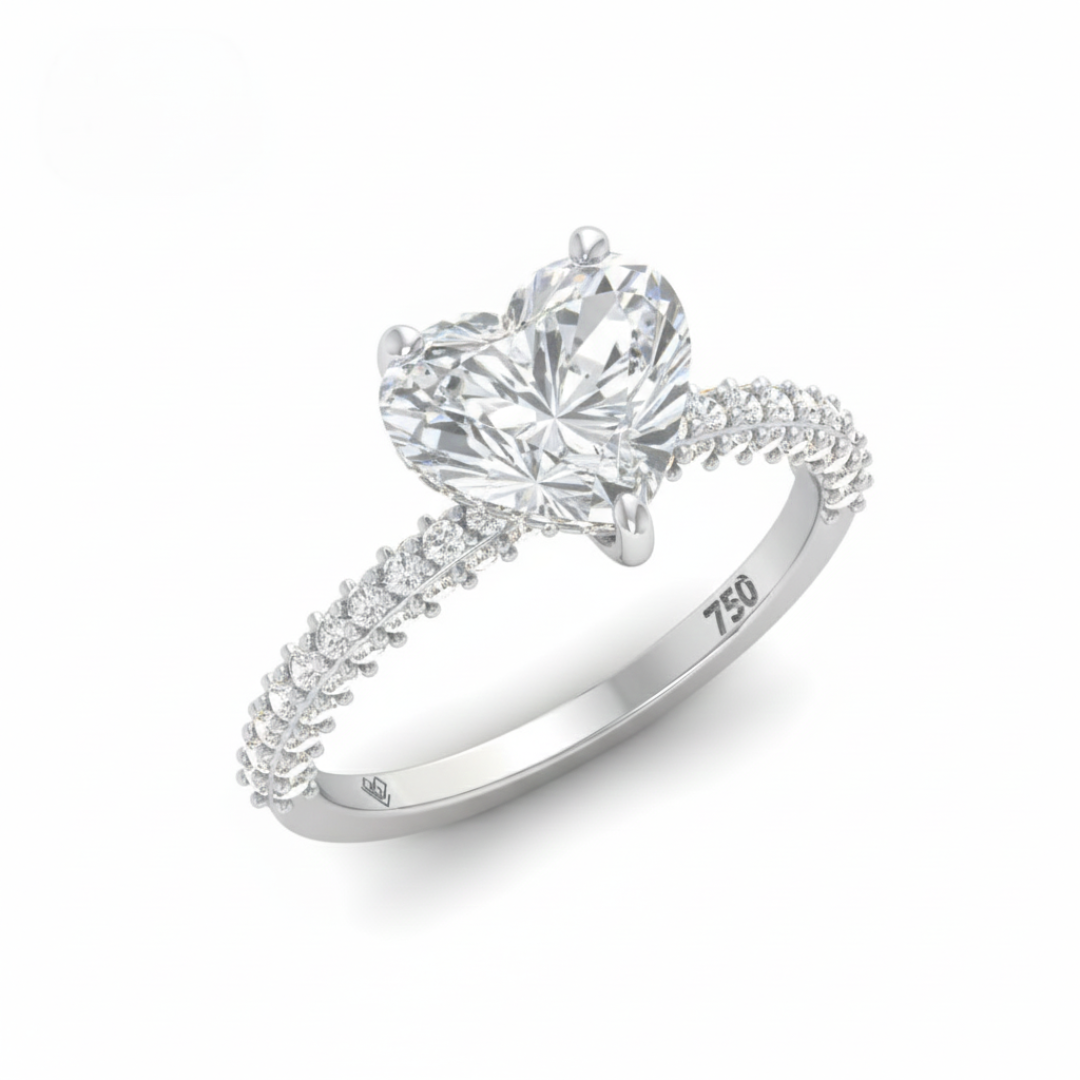 Bague de fiançailles Mia en diamant taille cœur avec halo de diamants cachés et anneau en diamant 3D