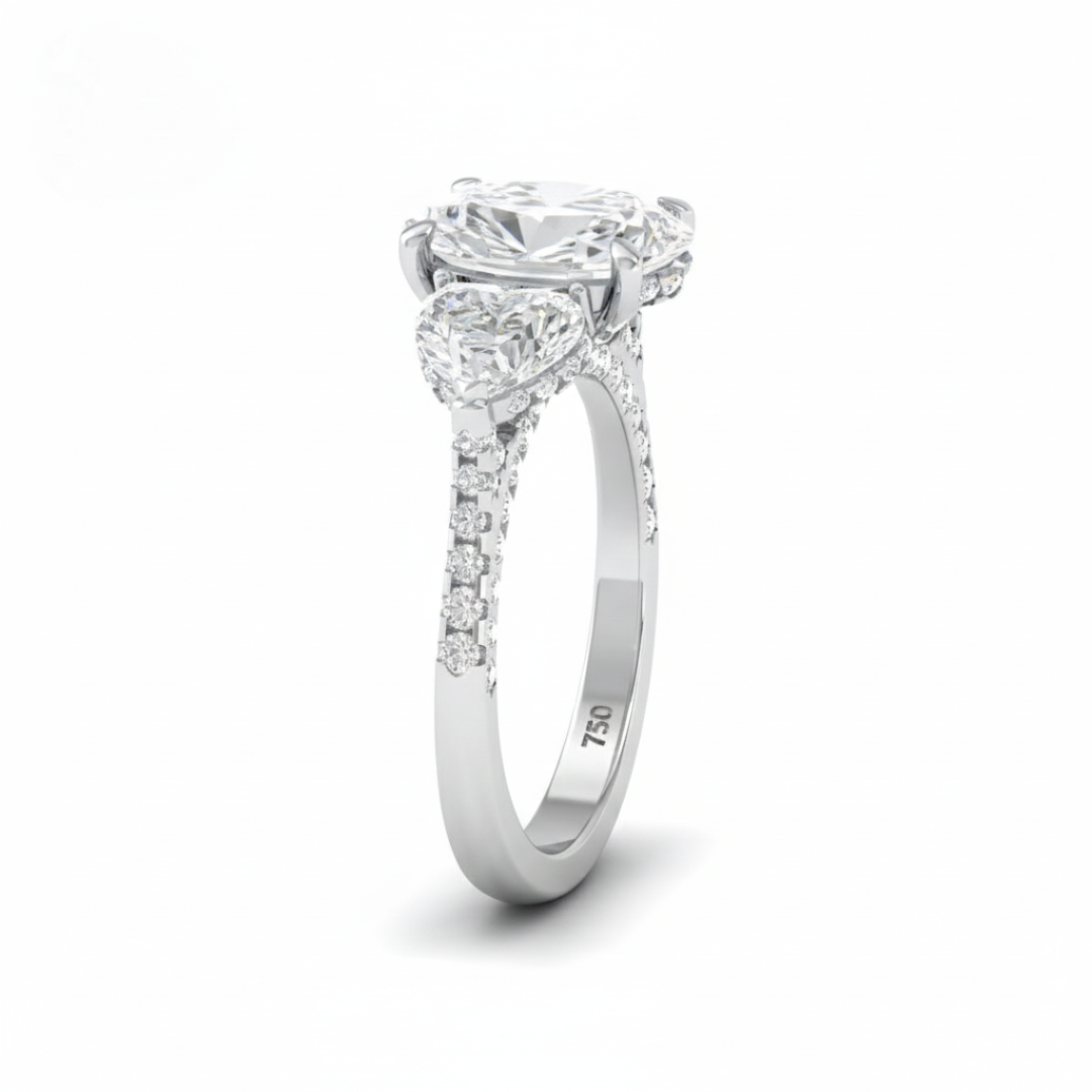Victoria Oval Cut Diamond Engagement Ring with Heart Cut Side Diamonds and 3D Diamond Band