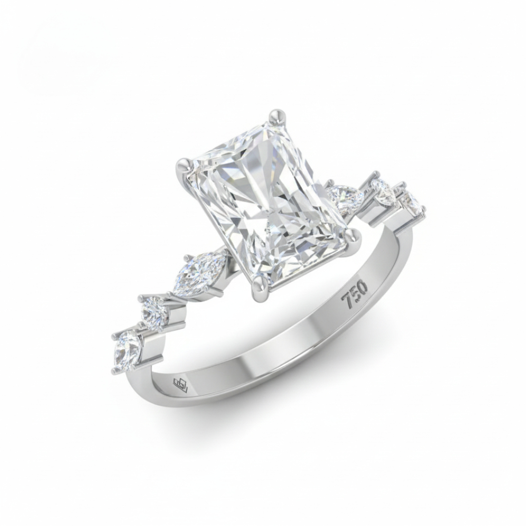 Elizabeth Radiant Cut Diamond Engagement Ring With A Marquise And Round Cut Diamond Band