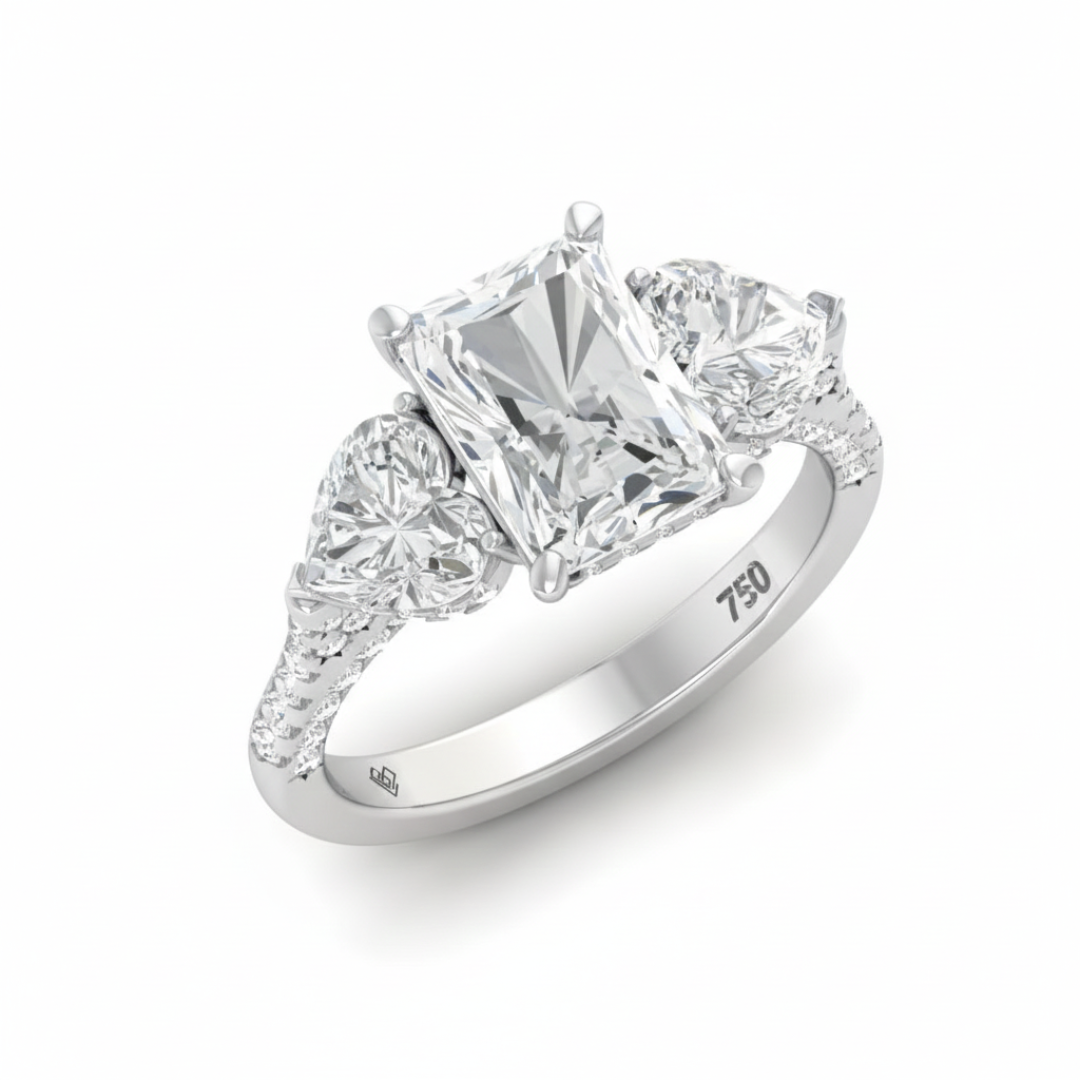 Victoria Radiant Cut Diamond Engagement Ring with Heart Cut Side Diamonds and 3D Diamond Band