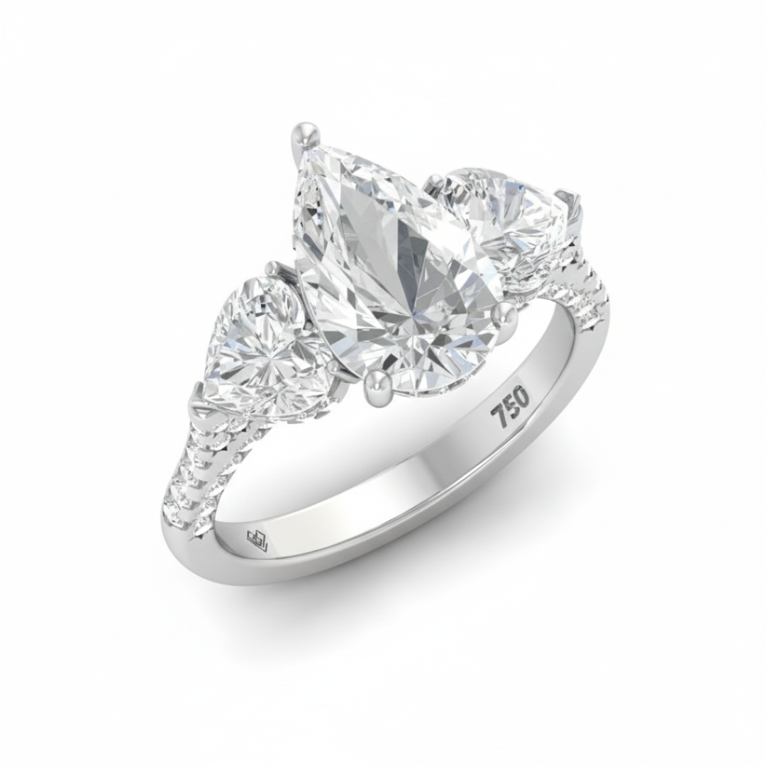Victoria Pear Cut Diamond Engagement Ring with Heart Cut Side Diamonds and 3D Diamond Band