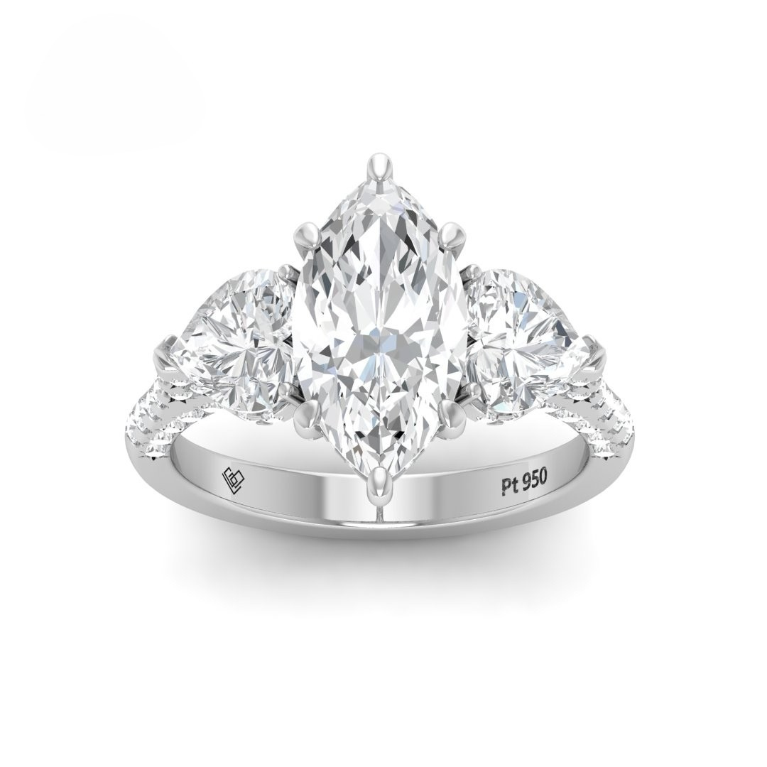 Victoria Marquise Cut Diamond Engagement Ring with Heart Cut Side Diamonds and 3D Diamond Band