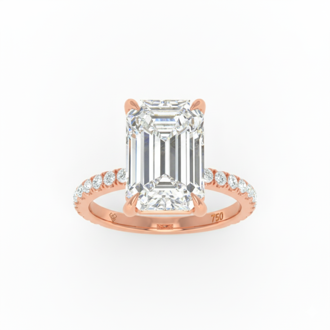 Chloé Emerald Cut Diamond Engagement Ring with Diamond Hidden Halo and Diamond Band