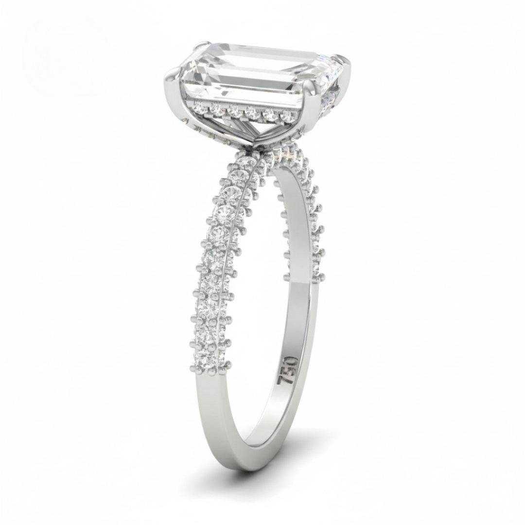 Mia Emerald Cut Diamond Engagement Ring with Diamond Hidden Halo and 3D Diamond Band