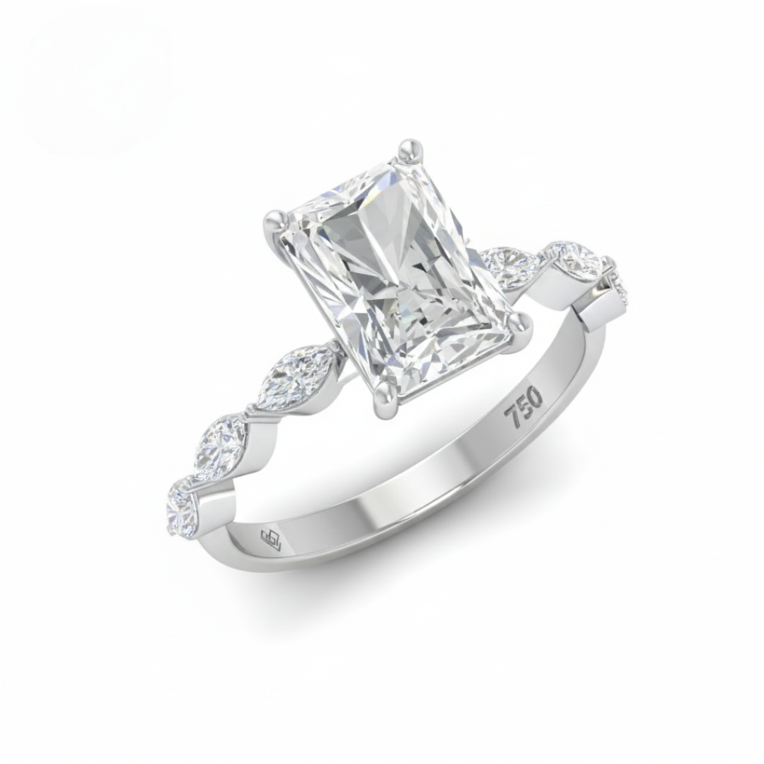 Kasandra Radiant Cut Diamond Engagement Ring With A Marquise Cut Diamond Band