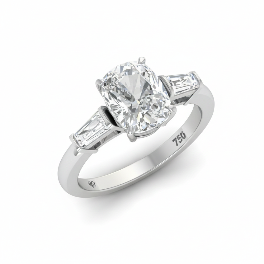 Mary Cushion Cut Diamond Engagement Ring with Tapering Baguette Cut Side Diamonds