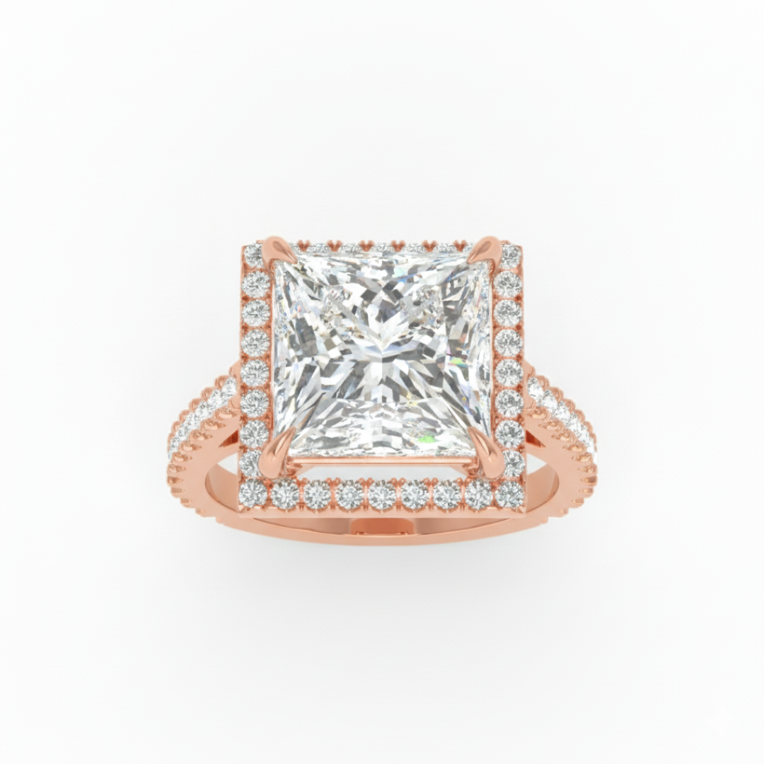 Bella Princess Cut Diamond Engagement Ring with Diamond Halo & Diamond Band