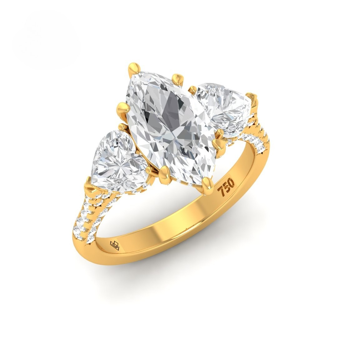 Victoria Marquise Cut Diamond Engagement Ring with Heart Cut Side Diamonds and 3D Diamond Band