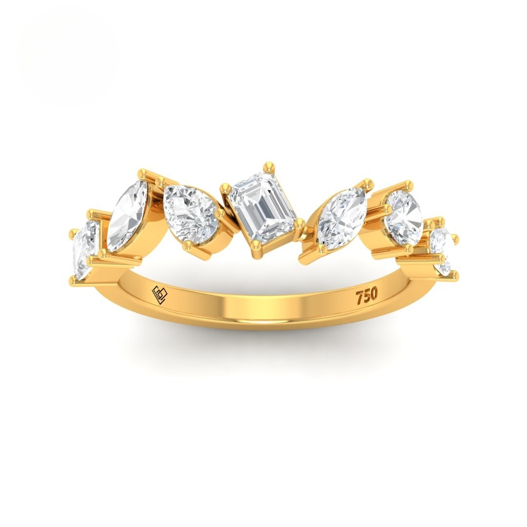 18k gold Angèle 5 stone diamond wedding band with mixed shape lab-grown diamonds including emerald, marquise, pear, round, and oval cuts totaling 1.2ct.