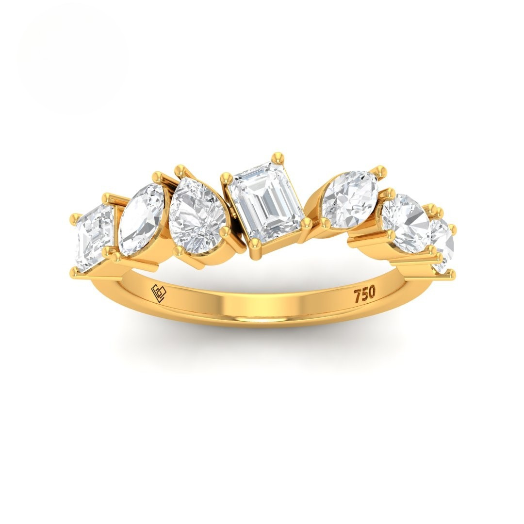 18k gold Emma 5 stone diamond wedding band with marquise, pear, emerald, round, and oval shaped lab-grown diamonds totaling 1.70ct.