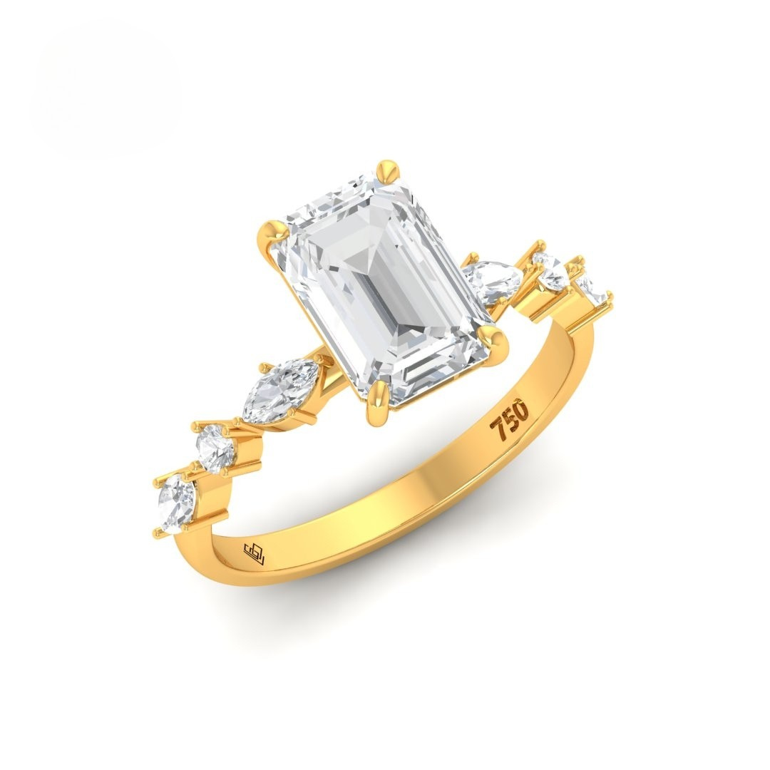 Elizabeth Emerald Cut Diamond Engagement Ring With A Marquise and Round Cut Diamond Band
