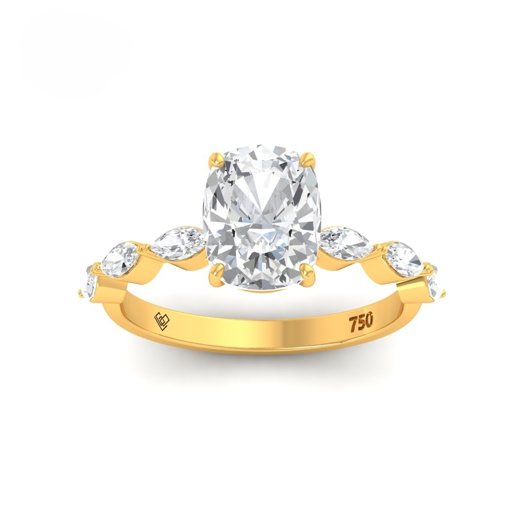Kasandra Cushion Cut Diamond Engagement Ring With A Marquise Cut Diamond Band