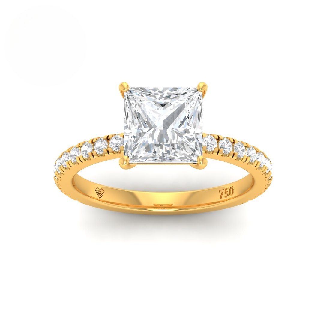 Princess cut lab grown diamond engagement ring with diamond band in yellow gold setting by Love Grown Diamonds