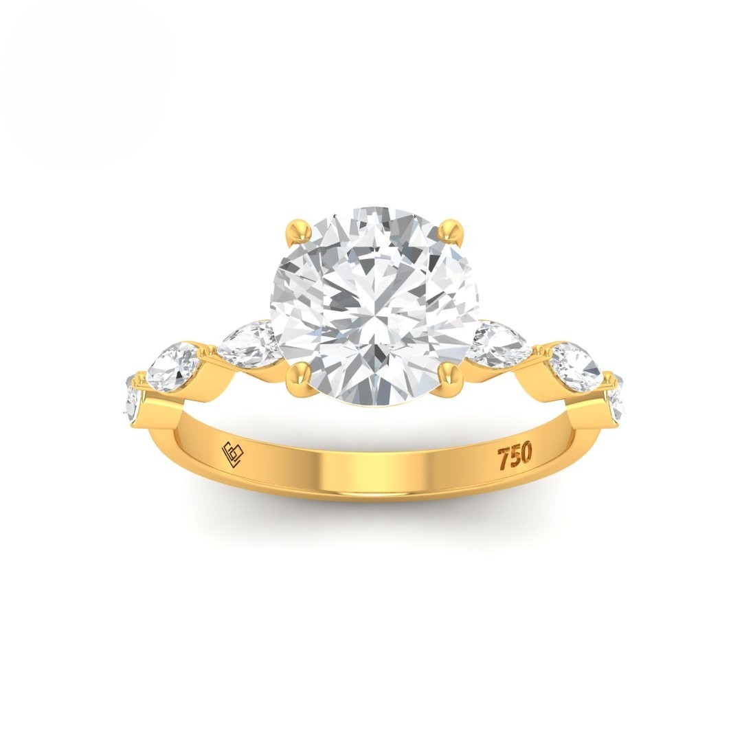 Kasandra Round Brilliant Cut Diamond Engagement Ring With A Marquise Cut Diamond Band