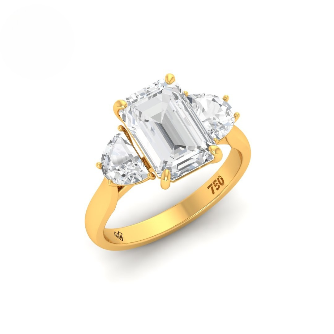 Kamala Emerald Cut Diamond Engagement Ring with Half Moon Cut Sides Diamonds