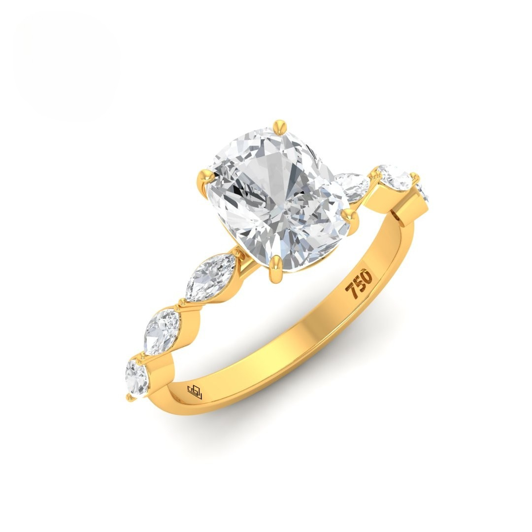 Kasandra Cushion Cut Diamond Engagement Ring With A Marquise Cut Diamond Band
