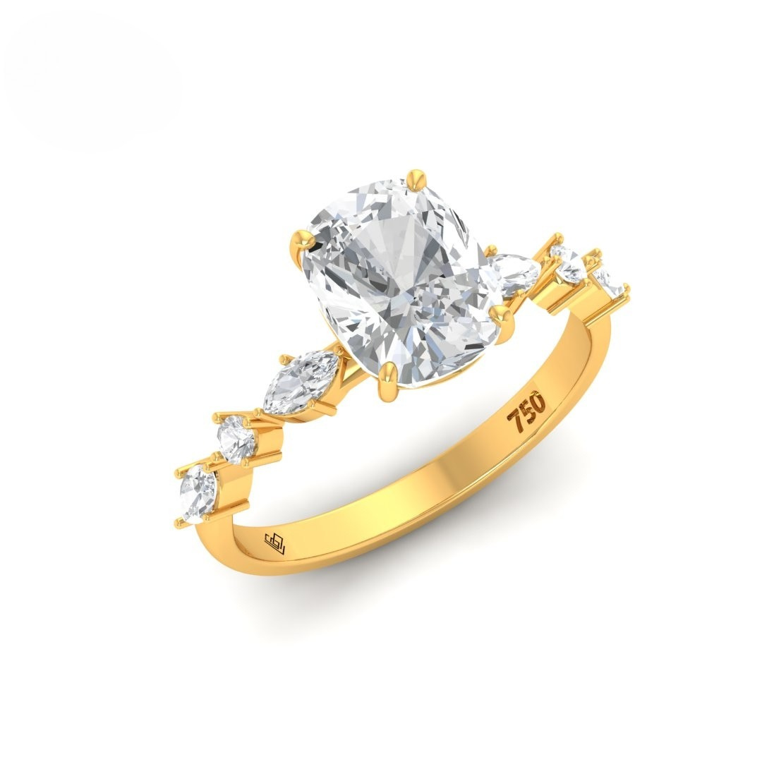 Elizabeth Cushion Diamond Engagement Ring With A Marquise and Round Cut Diamond Band