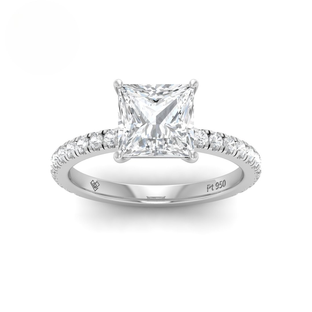 Princess cut lab grown diamond engagement ring with diamond band and platinum 4 claw mount by Love Grown Diamonds