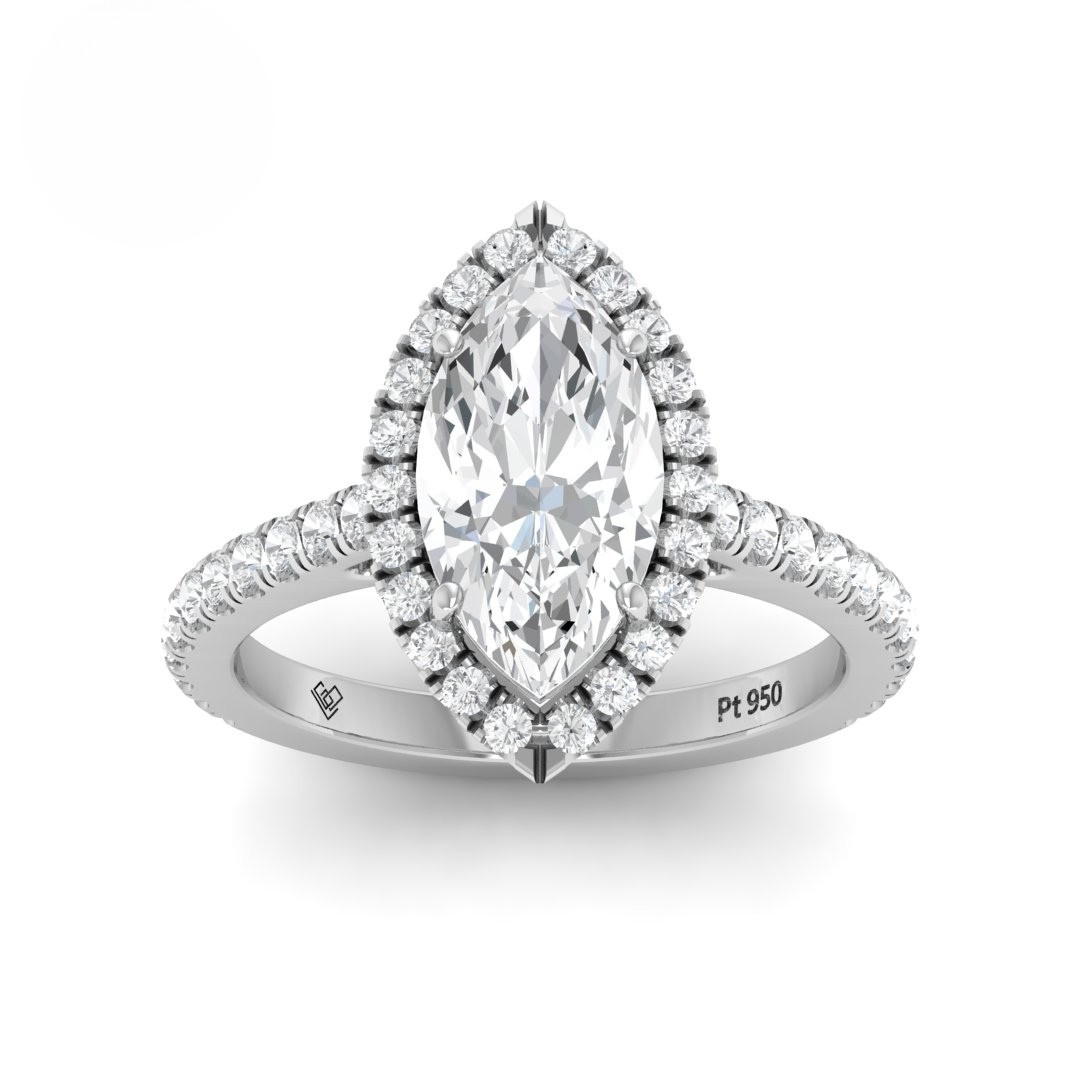Bella Marquise Cut Diamond Engagement Ring with Diamond Halo & Diamond Band