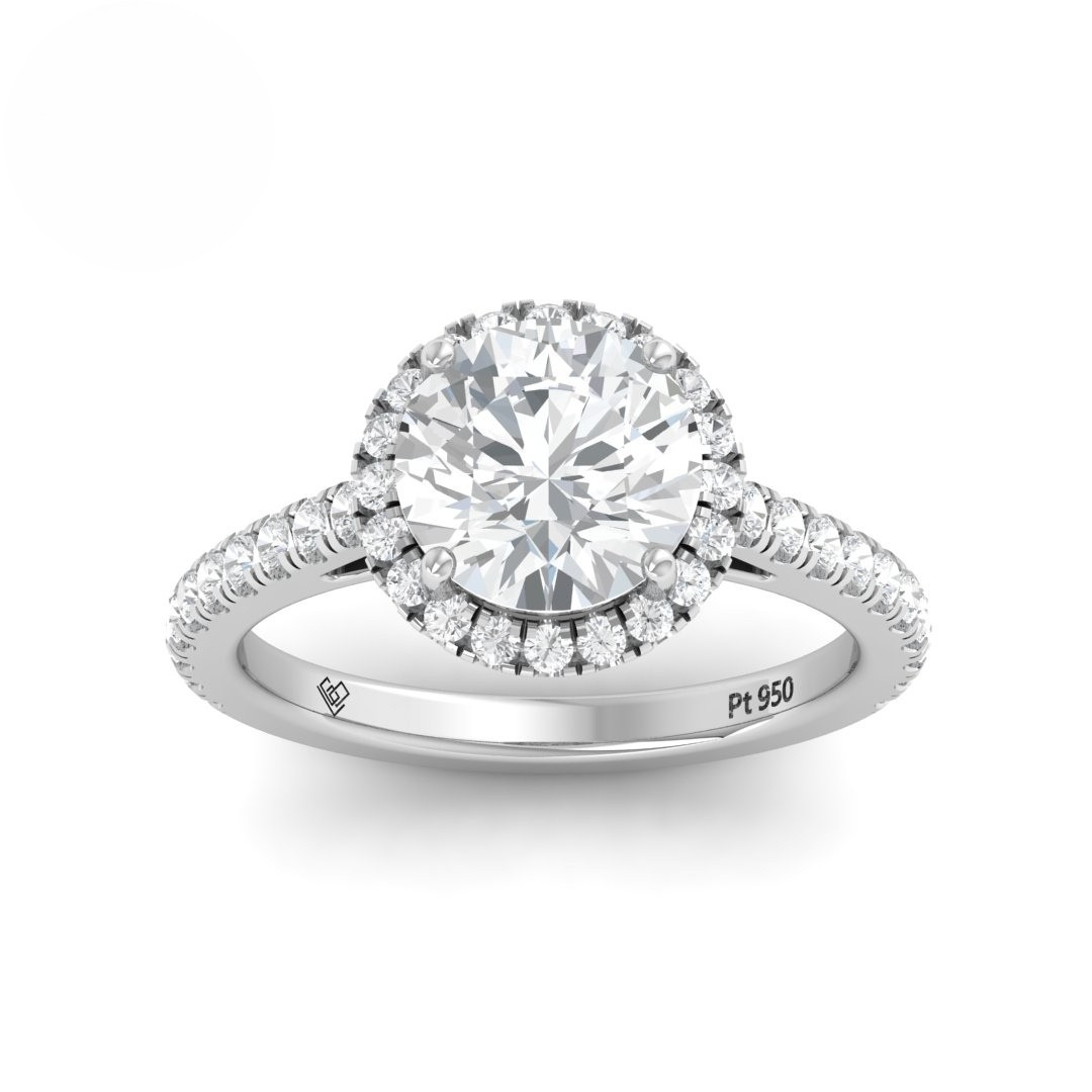 Bague de fiançailles Bella avec diamant taille ronde, halo et anneau sertis de diamants.
