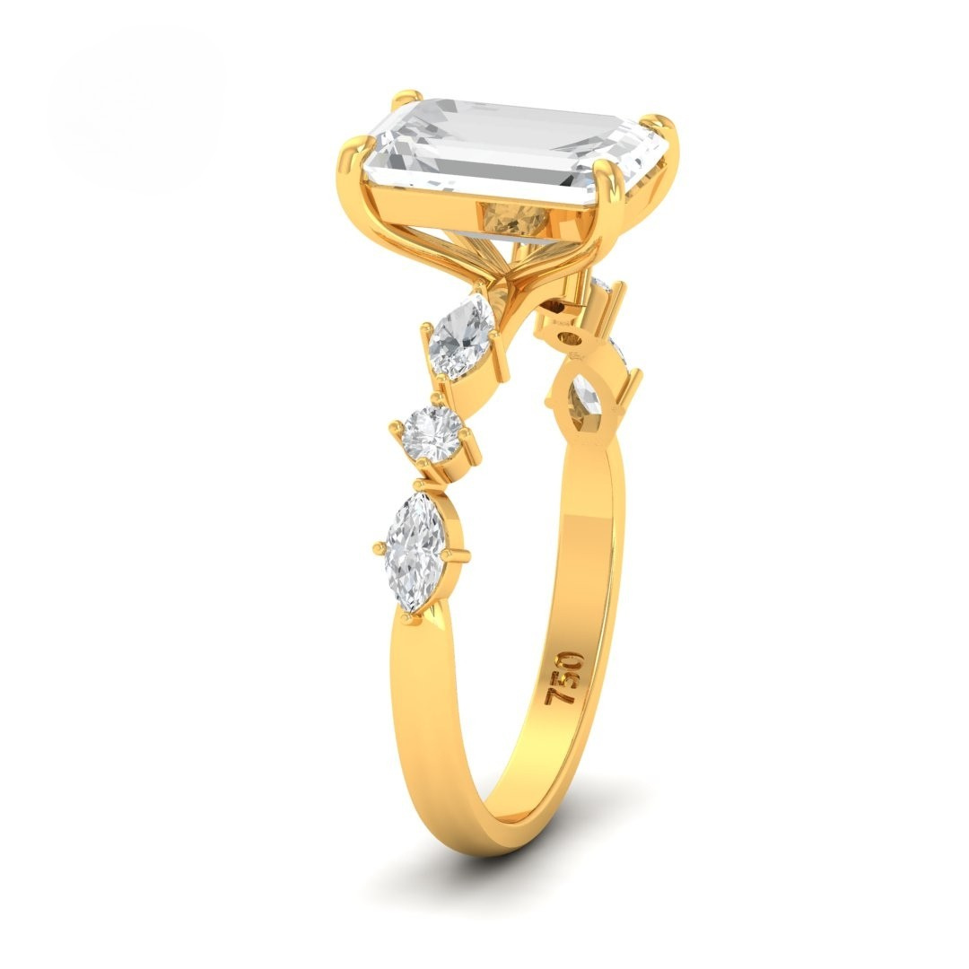 Elizabeth Emerald Cut Diamond Engagement Ring With A Marquise and Round Cut Diamond Band
