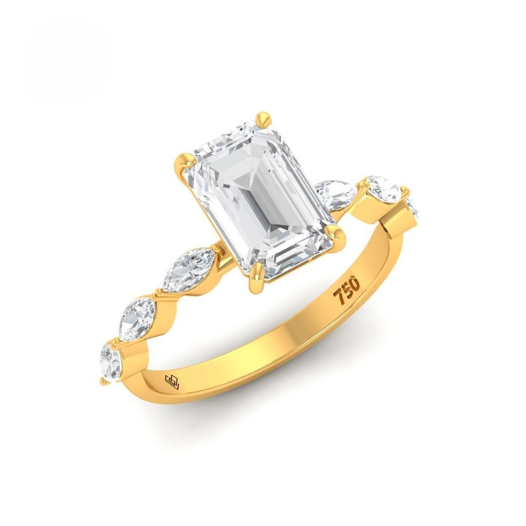 卡桑德拉祖母綠切割鑽石訂婚戒指,搭配馬眼形切割鑽石戒圈