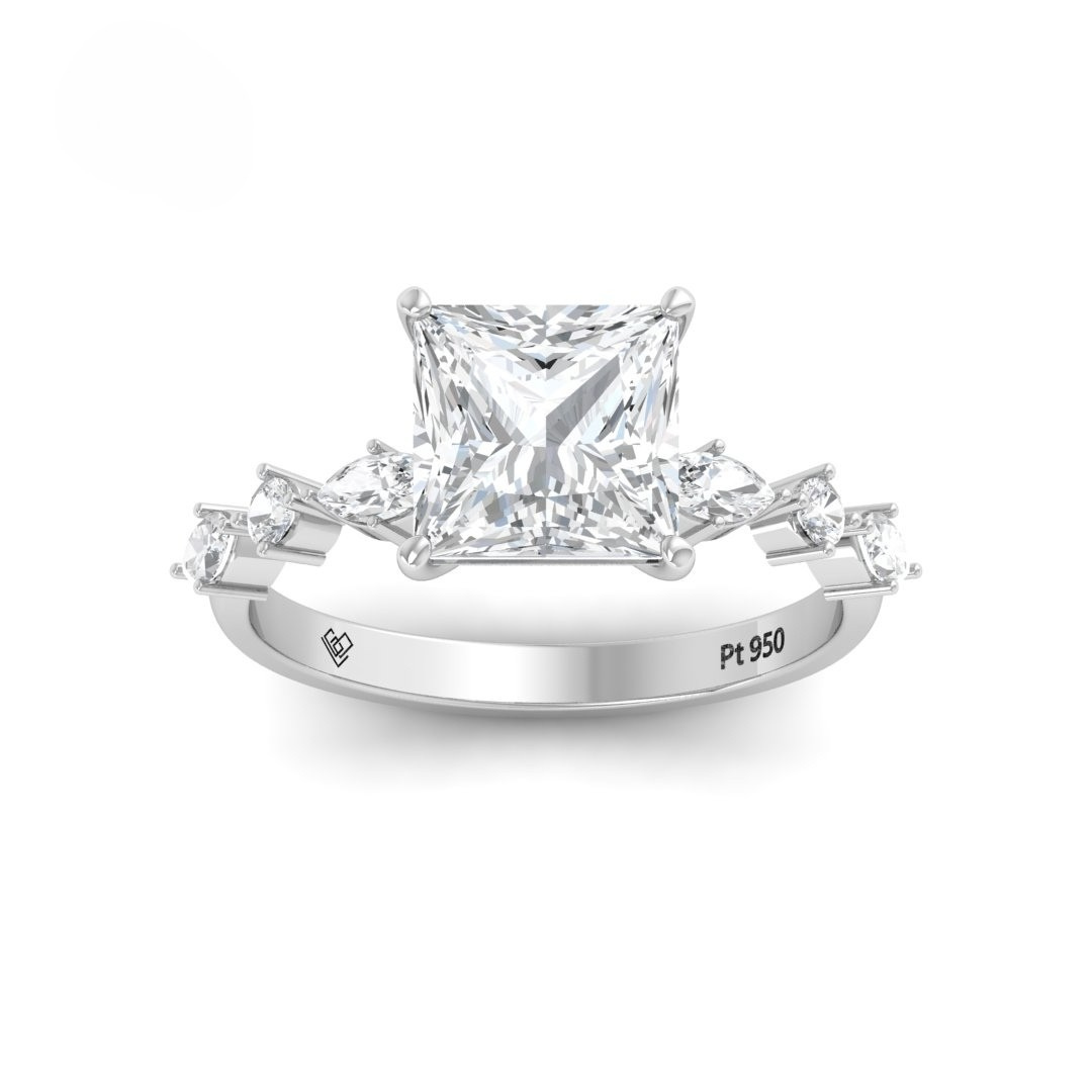 Elizabeth Princess Cut Diamond Engagement Ring With A Marquise and Round Cut Diamond Band
