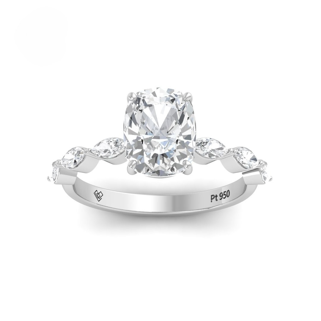 Kasandra Cushion Cut Diamond Engagement Ring With A Marquise Cut Diamond Band