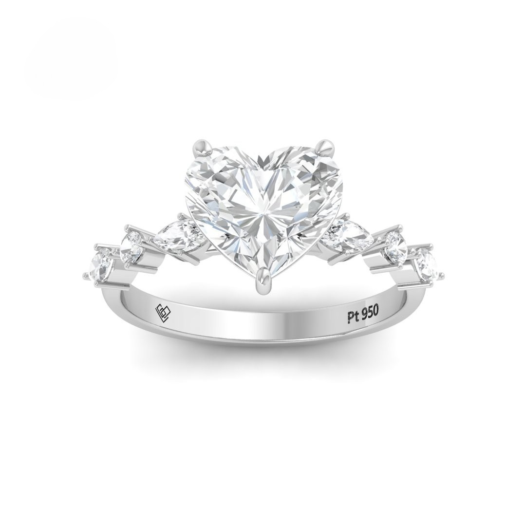 Elizabeth Heart Cut Diamond Engagement Ring With A Marquise and Round Cut Diamond Band