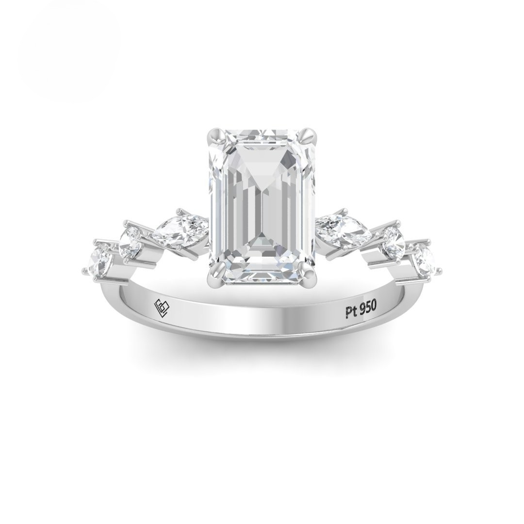 Elizabeth Emerald Cut Diamond Engagement Ring With A Marquise and Round Cut Diamond Band
