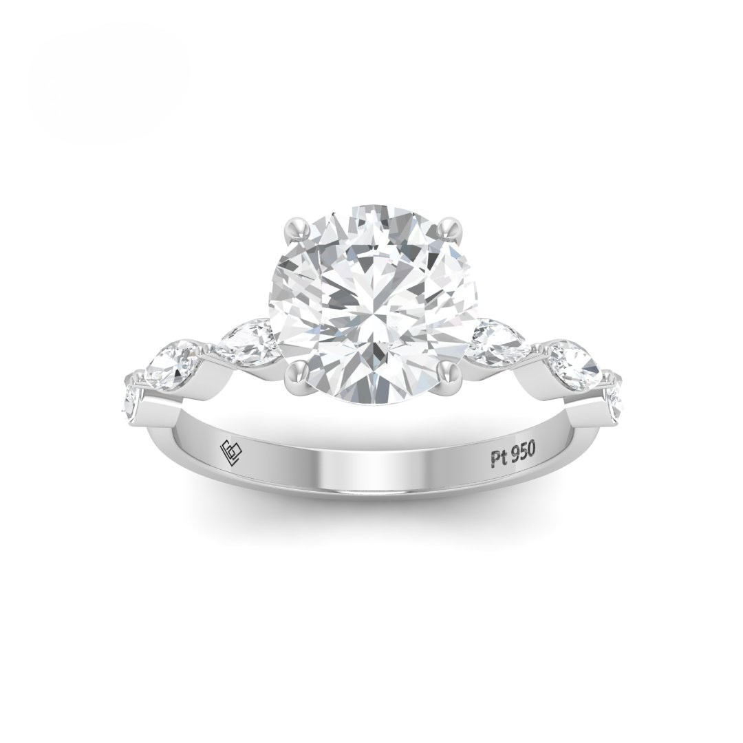 Kasandra Round Brilliant Cut Diamond Engagement Ring With A Marquise Cut Diamond Band