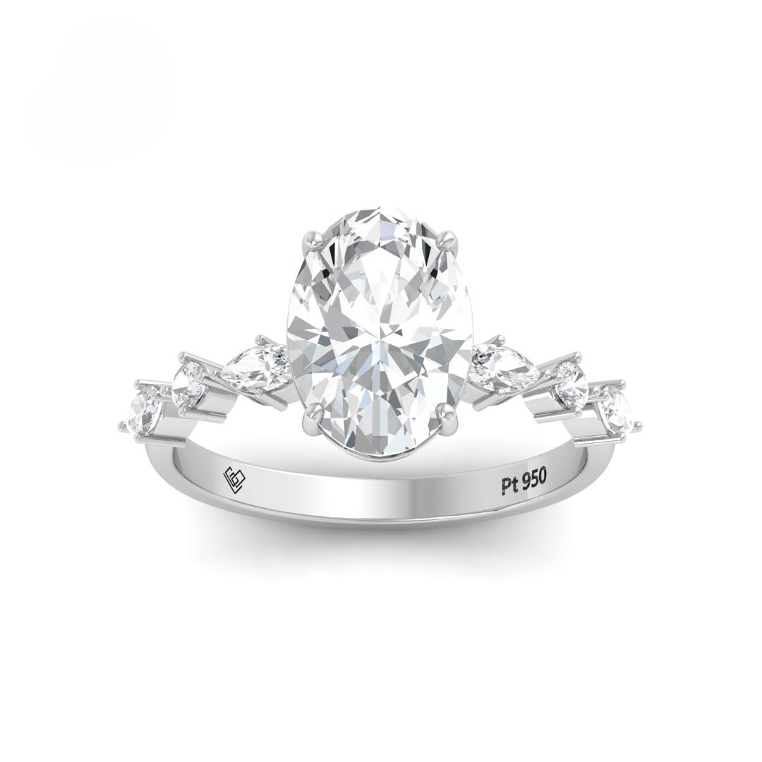 Elizabeth Oval Cut Diamond Engagement Ring With A Marquise And Round Cut Diamond Band.