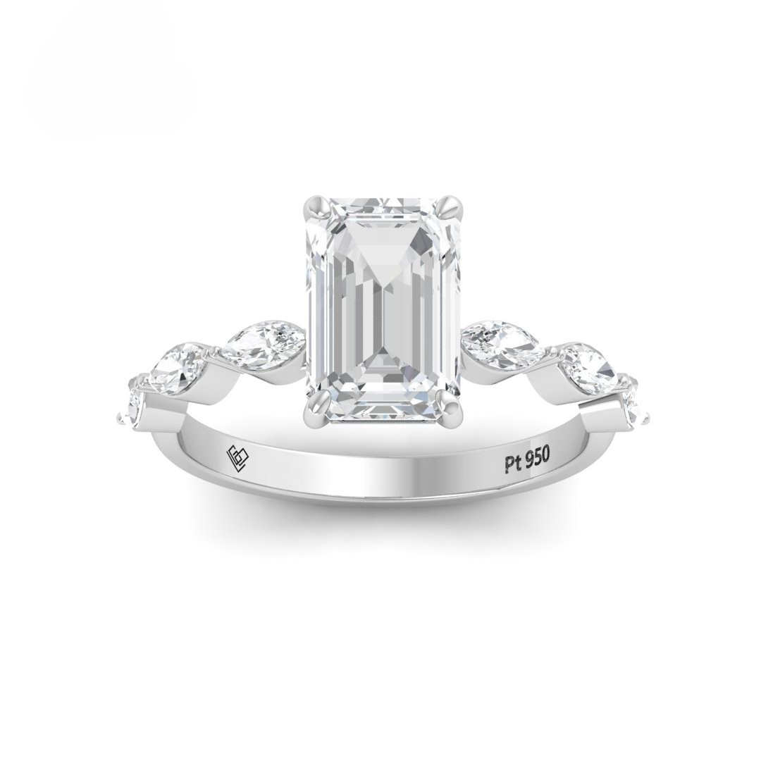 Kasandra Emerald Cut Diamond Engagement RIng With A Marquise Cut Diamonds Band