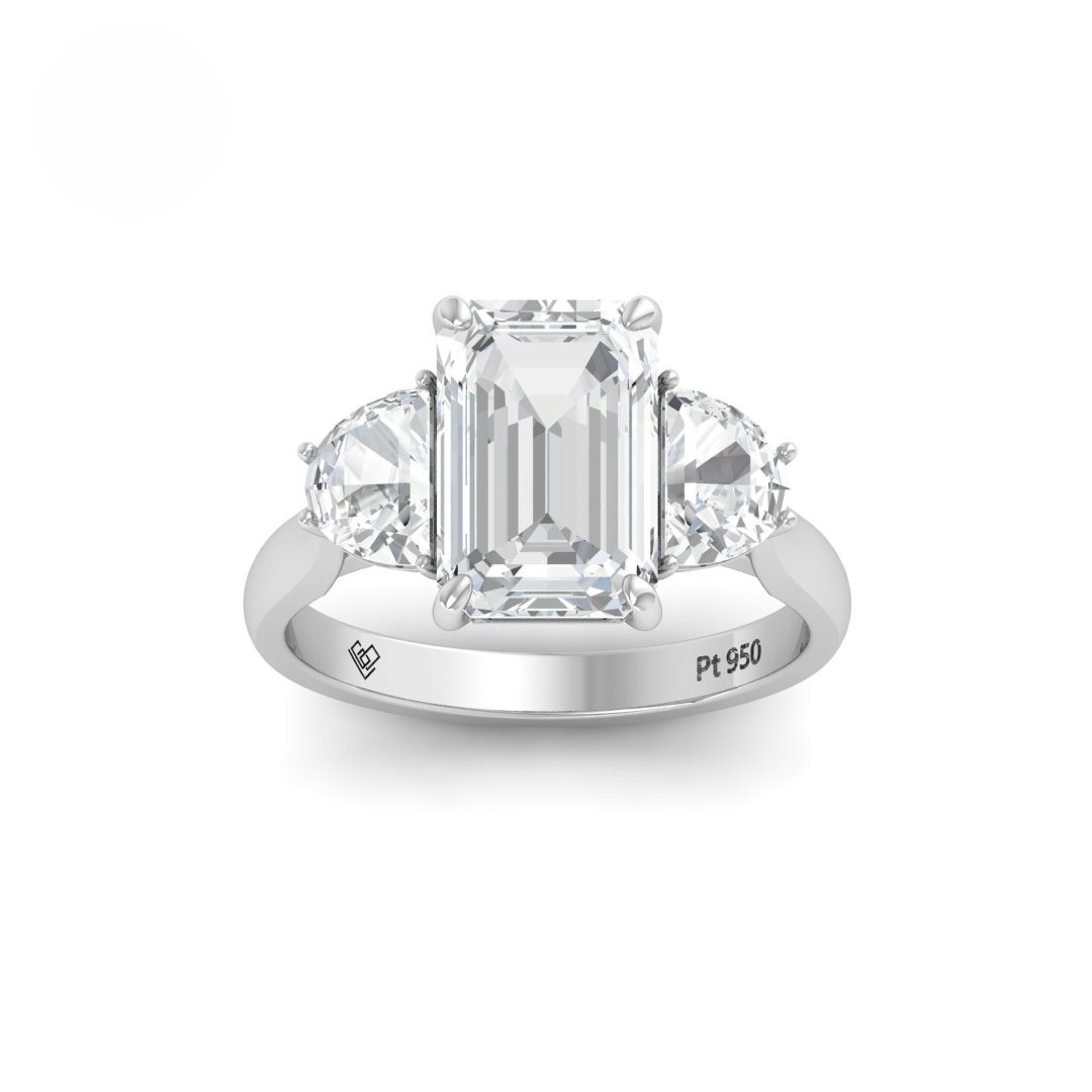 Kamala Emerald Cut Diamond Engagement Ring with Half Moon Cut Sides Diamonds
