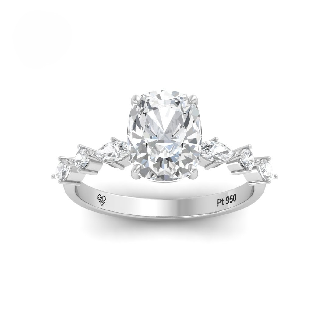 Elizabeth Cushion Diamond Engagement Ring With A Marquise and Round Cut Diamond Band