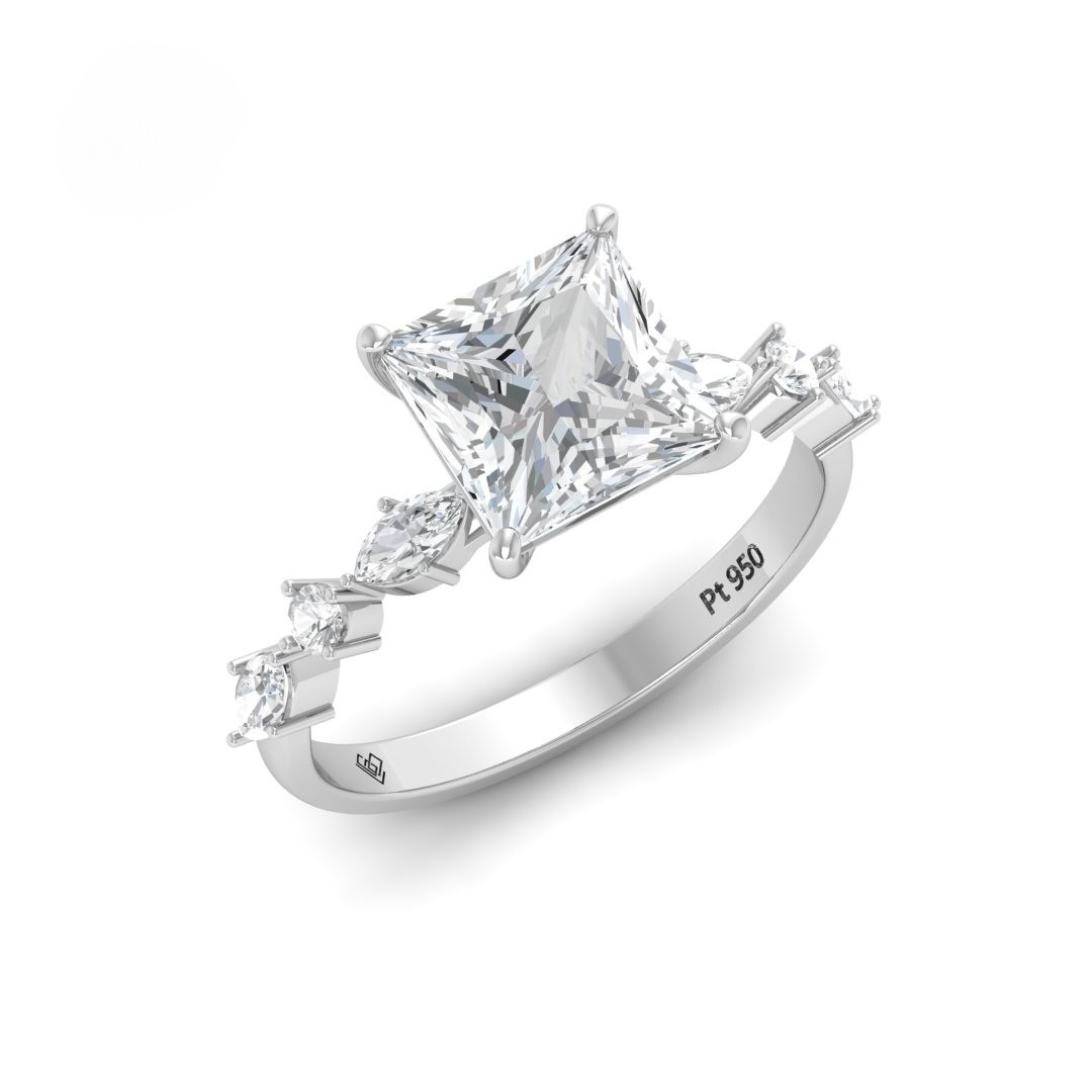 Elizabeth Princess Cut Diamond Engagement Ring With A Marquise and Round Cut Diamond Band
