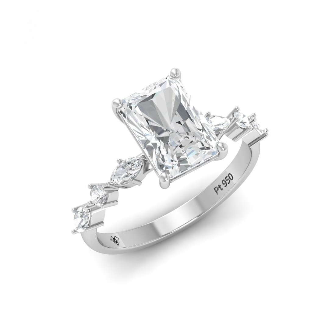 Elizabeth Radiant Cut Diamond Engagement Ring With A Marquise And Round Cut Diamond Band