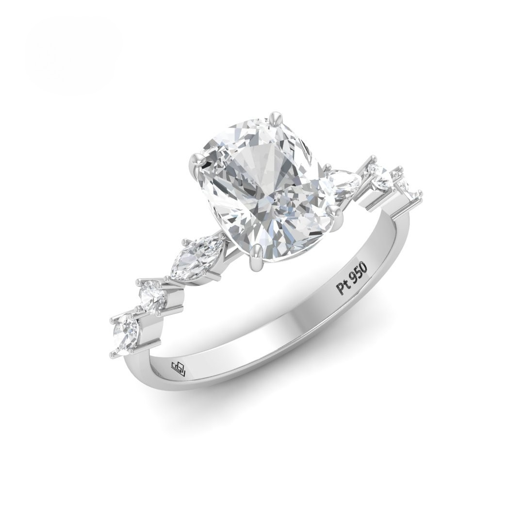 Elizabeth Cushion Diamond Engagement Ring With A Marquise and Round Cut Diamond Band